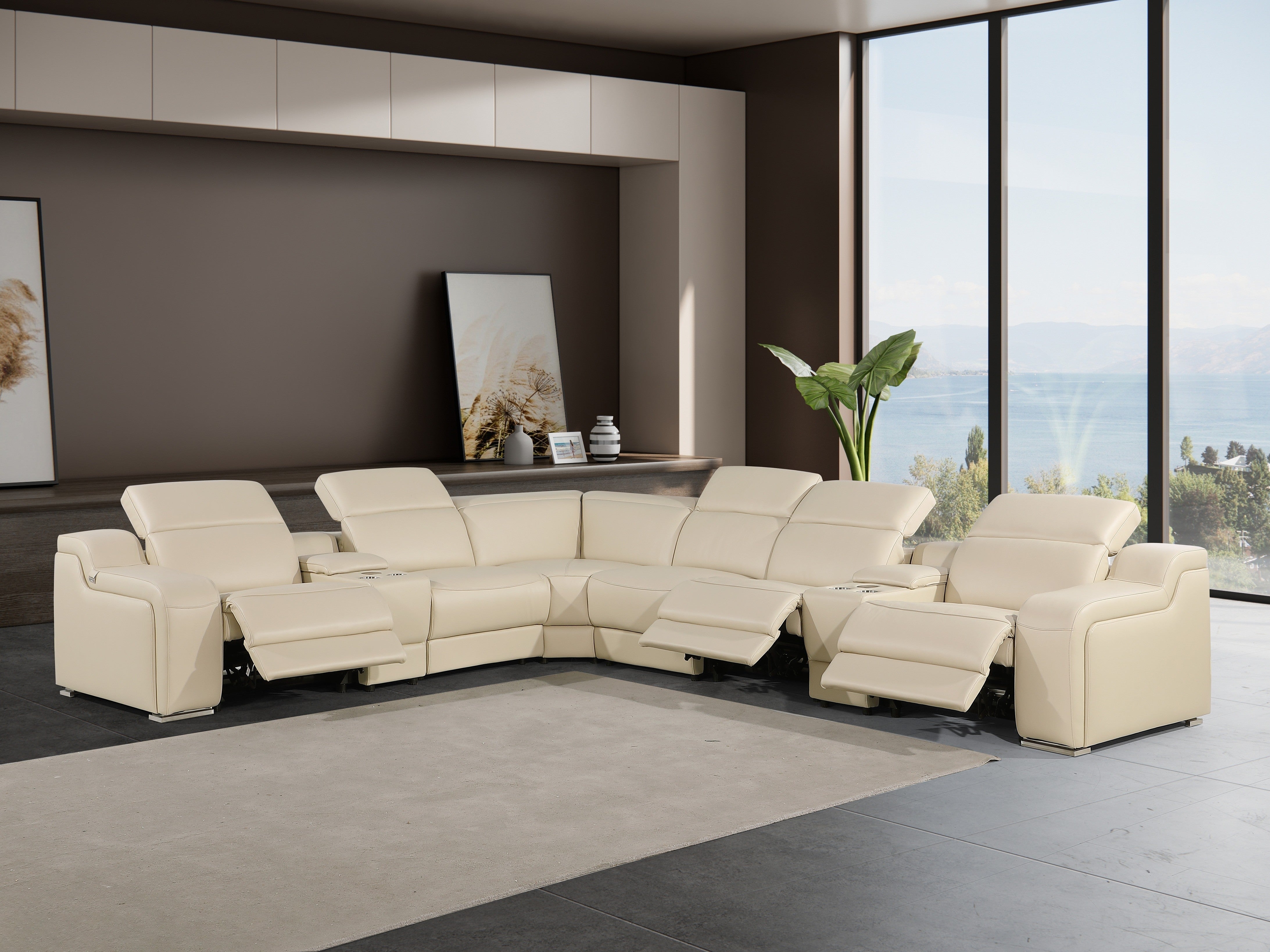 Sectional Sofa in Beige Italian Leather with Modular Power Motion