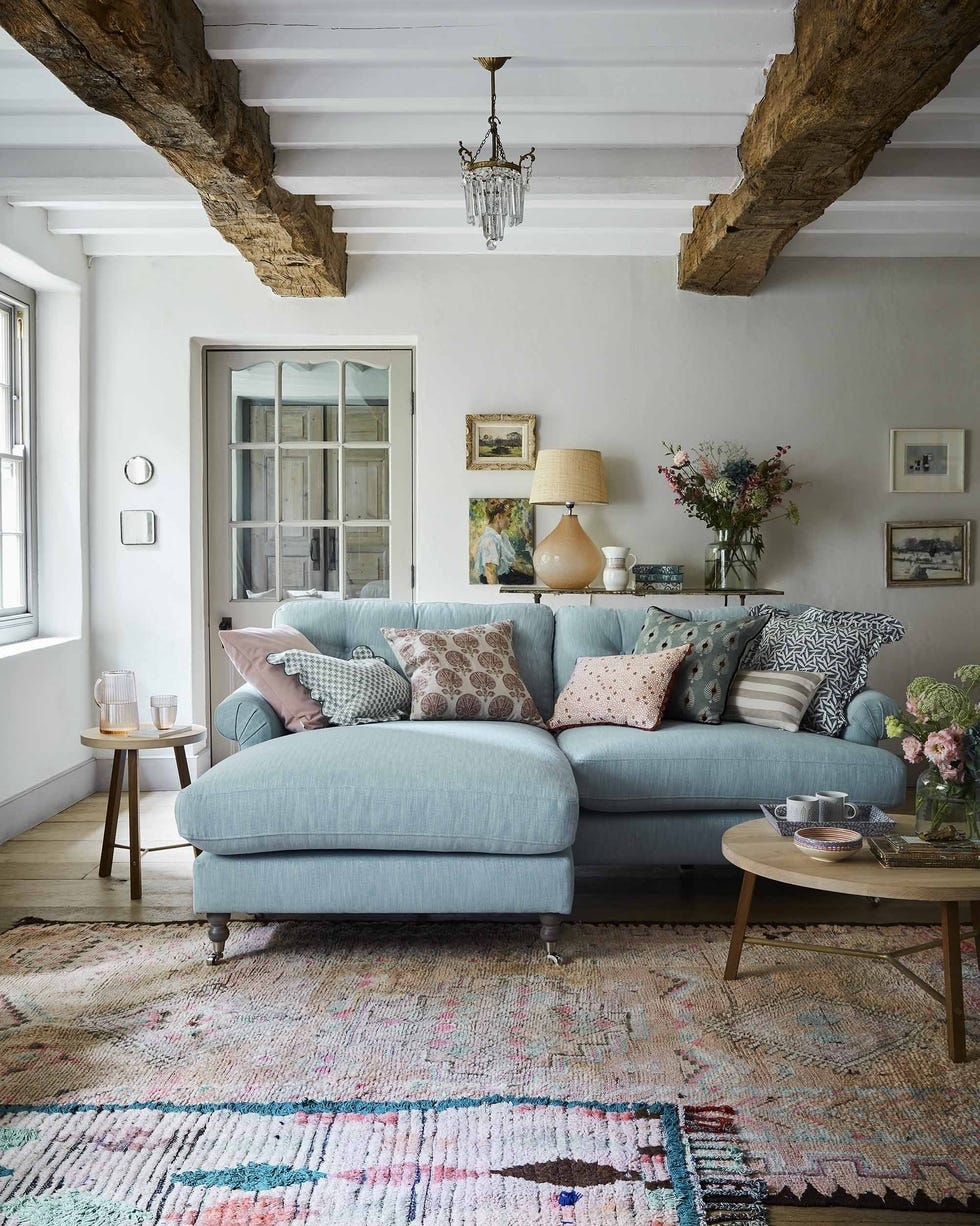 Sectional Sofa in Pale Blue with Chaise End and Casters