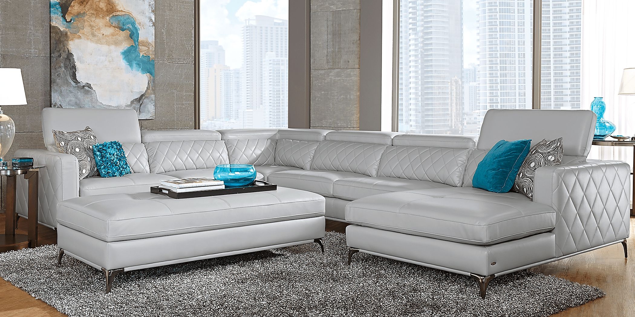 Sectional Sofa in Platinum Beige with Diamond Quilted Side Panels