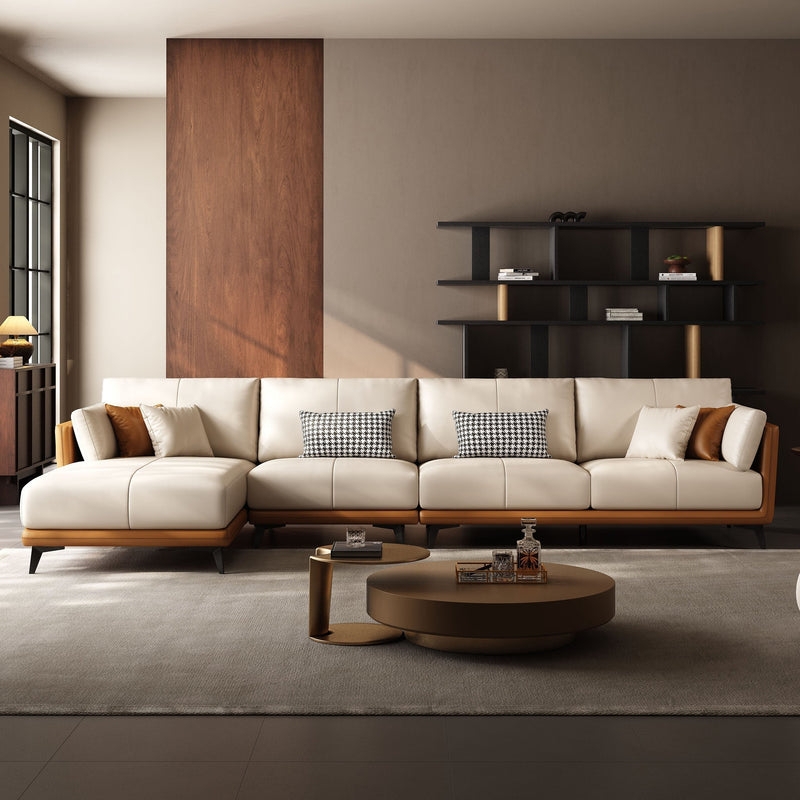 Sectional Sofa: Off-White with Cognac Trim Base Modular Seating