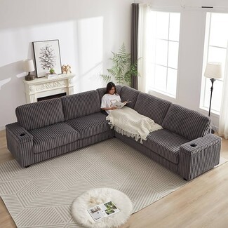 Sectional Sofa Ribbed Corduroy Integrated Cup Holders