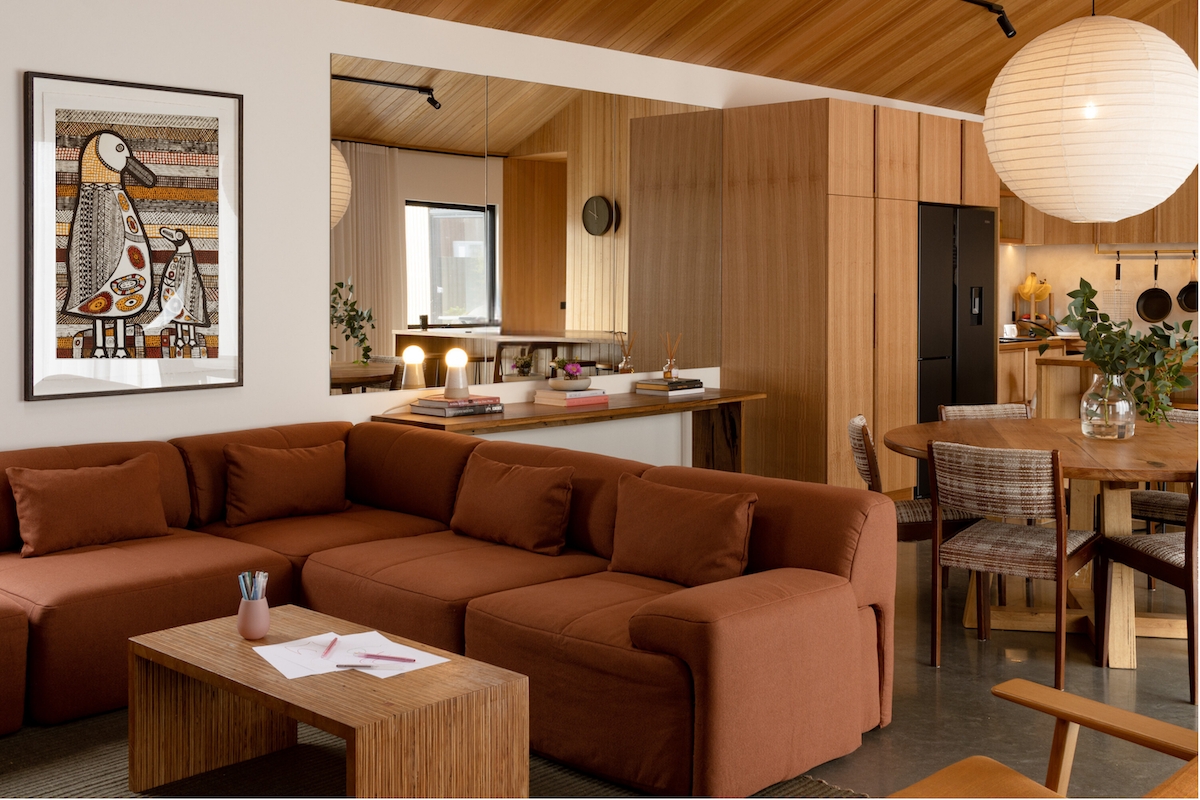 Sectional Sofa: Rust Orange Fabric Low Profile Modular Seating