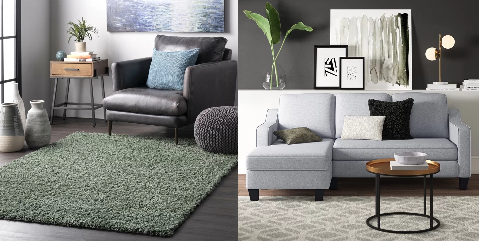 Sectional Sofa: Sage Green Shag Rug and Scandi Style