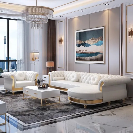 Sectional Sofa: Tufted Curved Silhouette Gold Metal Base Set