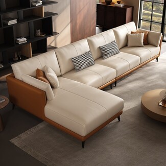 Sectional Sofa: Two Tone Upholstery with Cream and Cognac Leather