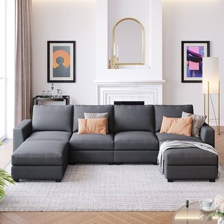 Sectional Sofa: U-Shaped Layout Charcoal Grey Fabric Modular Seating