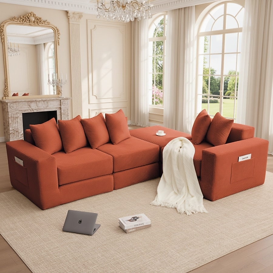 Sectional Sofa: Waffle Knit Texture and Side Storage Pockets