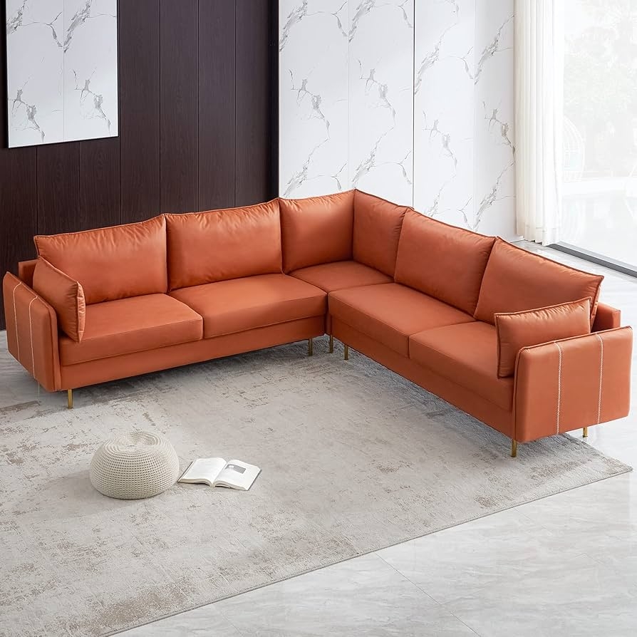 Sectional Sofa White Piping Detail and Tapered Gold Legs