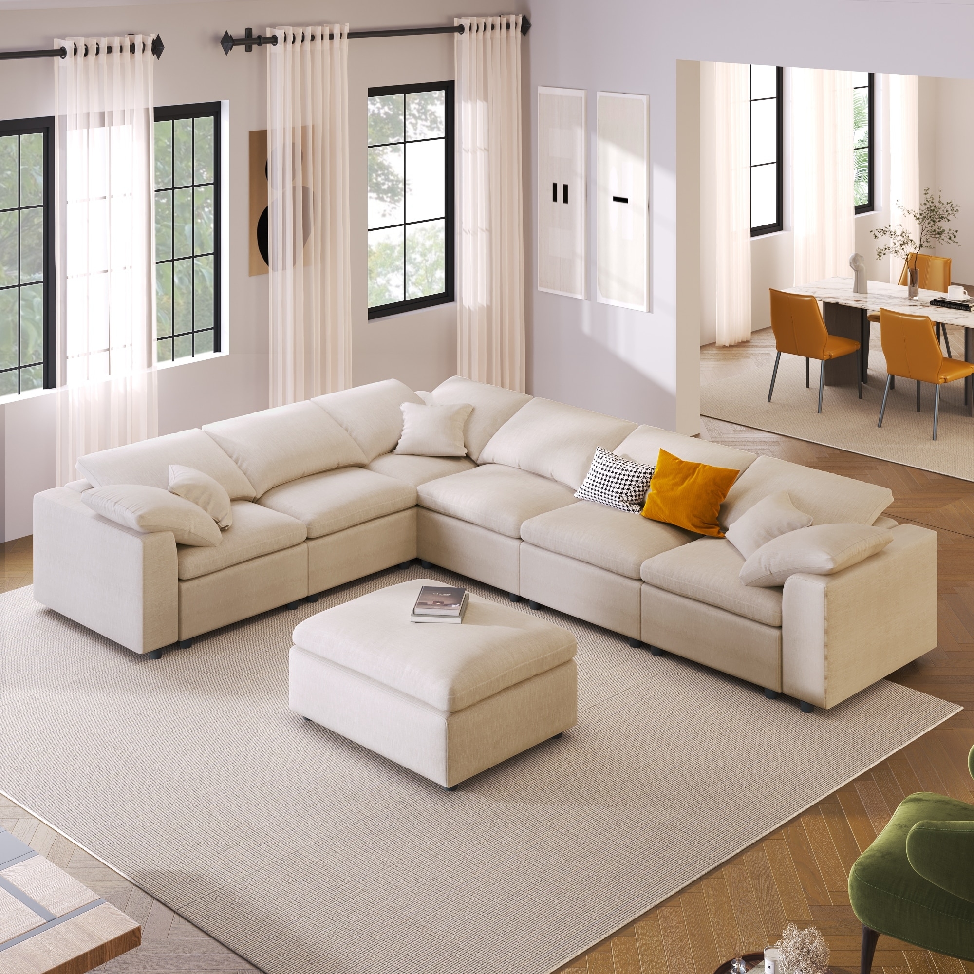 Sectional Sofa with Deep Seating and Modular Beige Base
