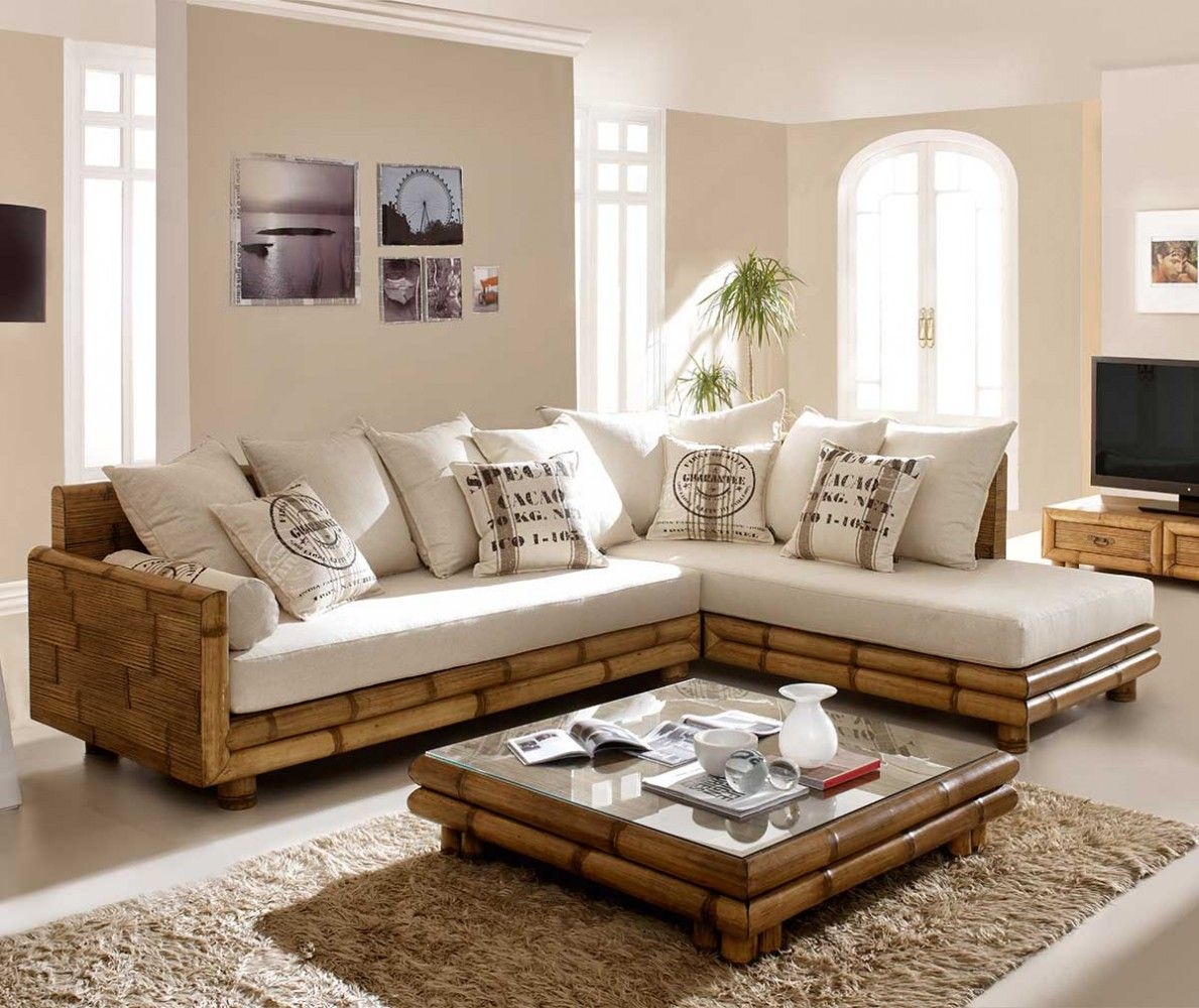 Sectional Sofa with Tiered Wood Base and Tropical Bamboo