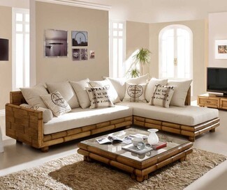 Sectional Sofa with Tiered Wood Base and Tropical Bamboo