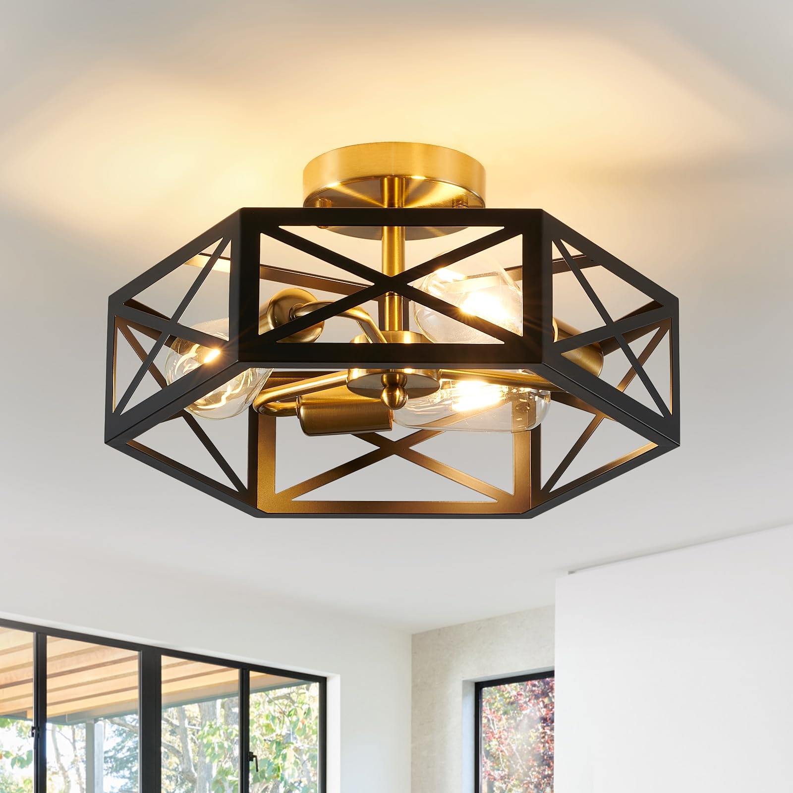 Semi-Flush Mount Hexagonal Cage X-Brace Hallway