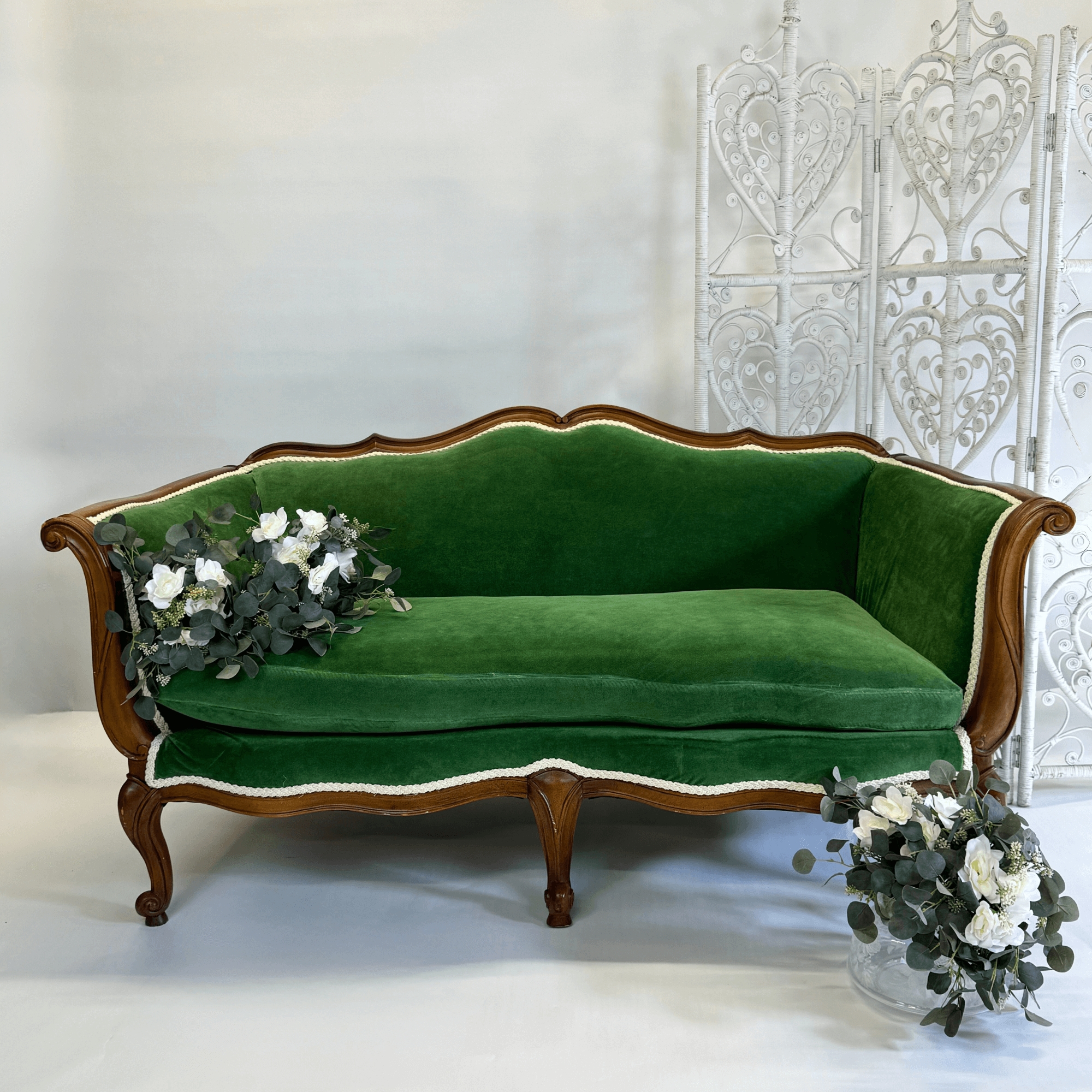 Settee White Braided Trim Scalloped Wood Apron Style