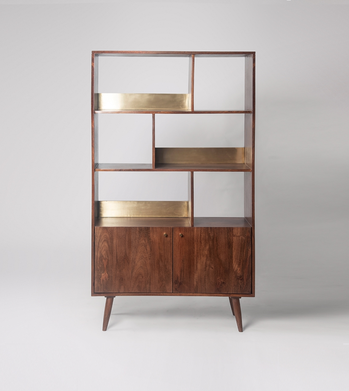 Shelving Unit Asymmetrical Shelving Wood and Brass Display Unit