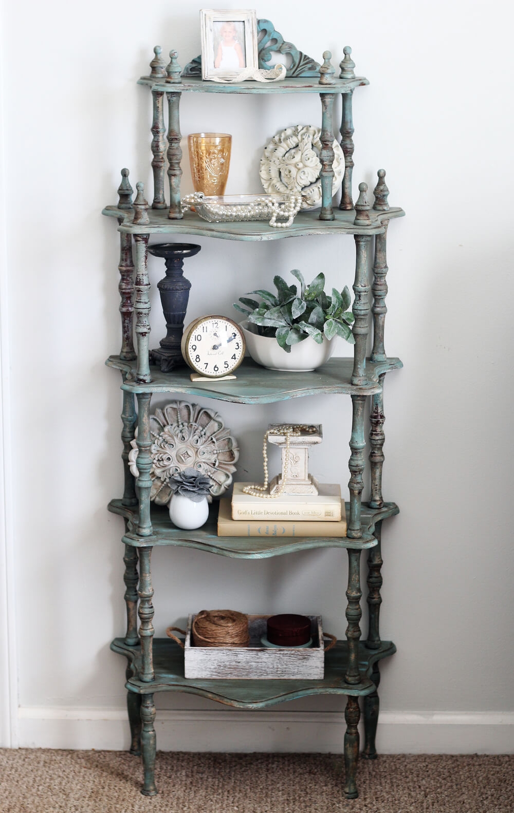 Shelving Unit with Distressed Teal Finish and Spindle Legs
