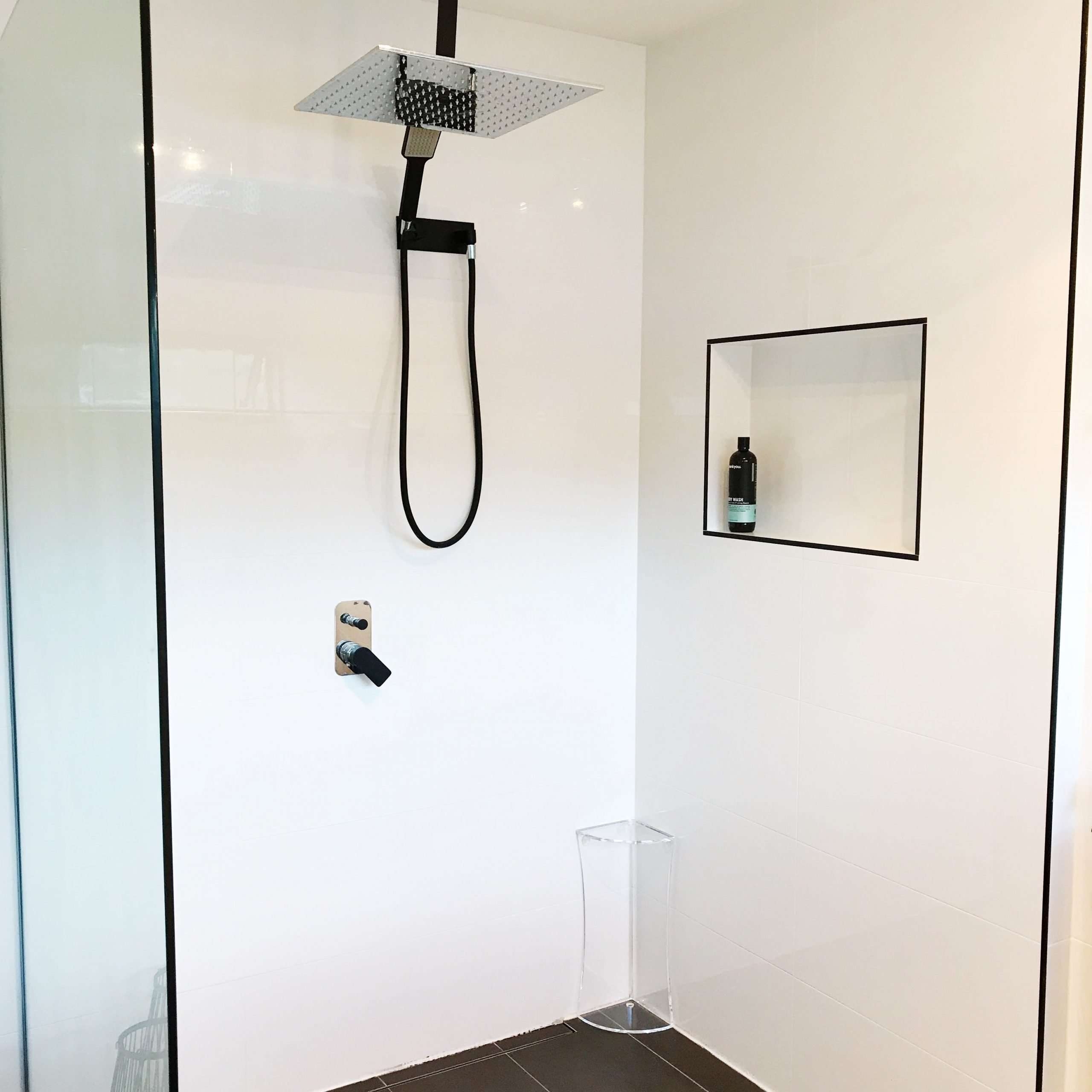 Shower Foot Rest: Clear Acrylic with Black Fixtures