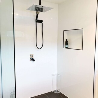 Shower Foot Rest: Clear Acrylic with Black Fixtures