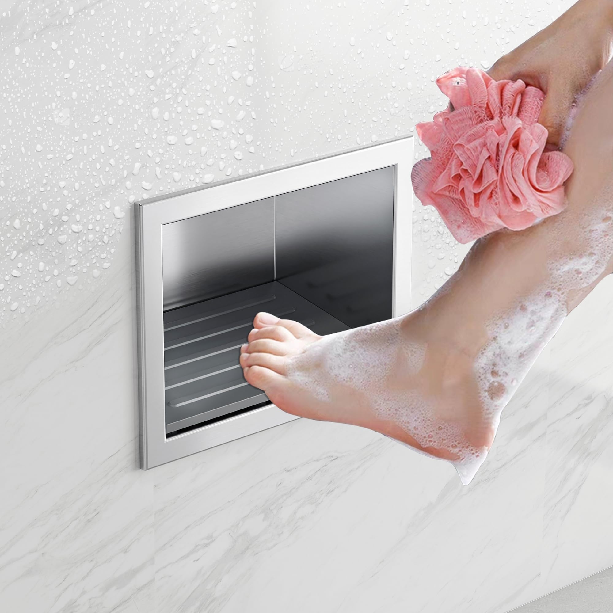 Shower Niche: Recessed Brushed Nickel Shaving Footrest