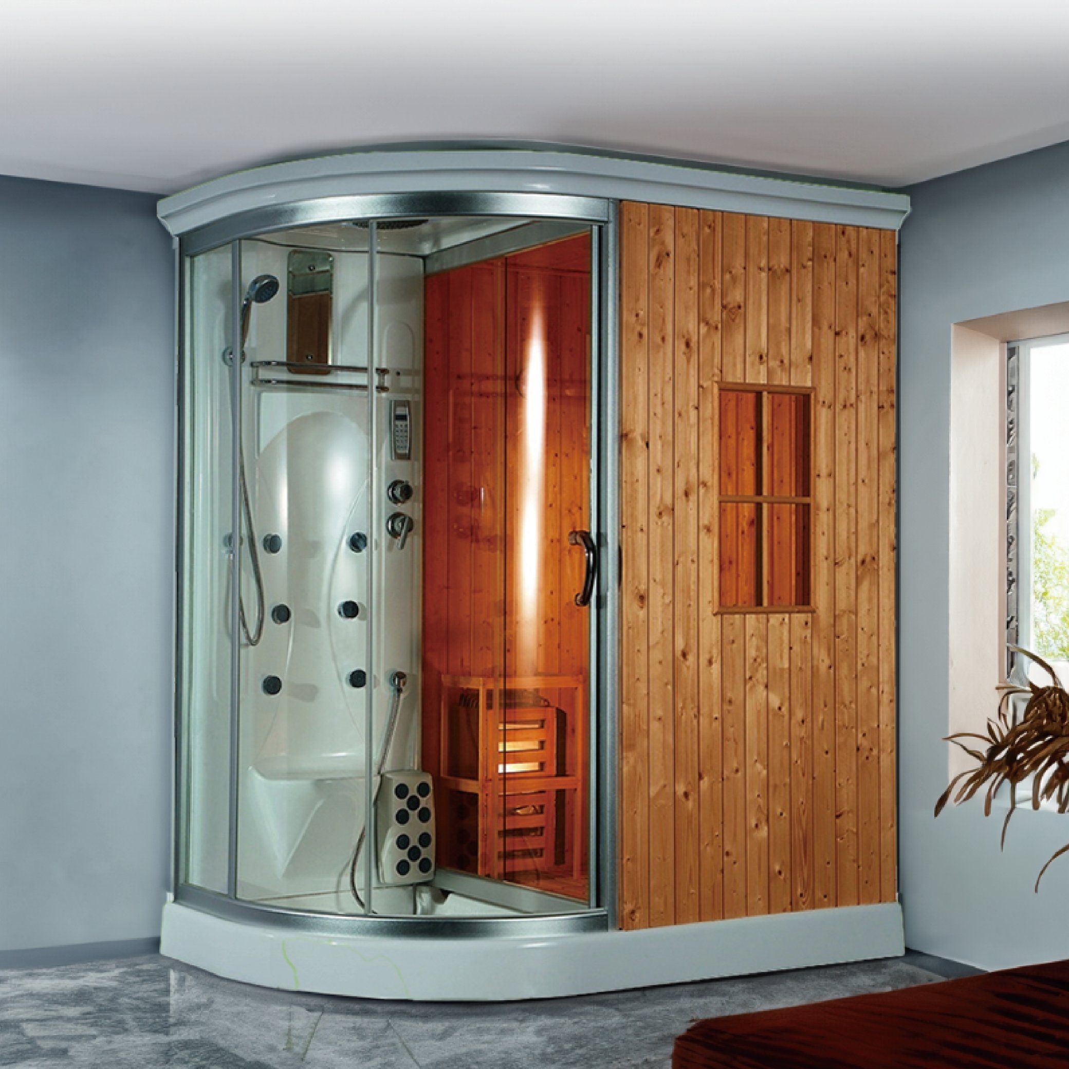 Shower Sauna Combo Curved Front Glass Corner Sauna Hybrid
