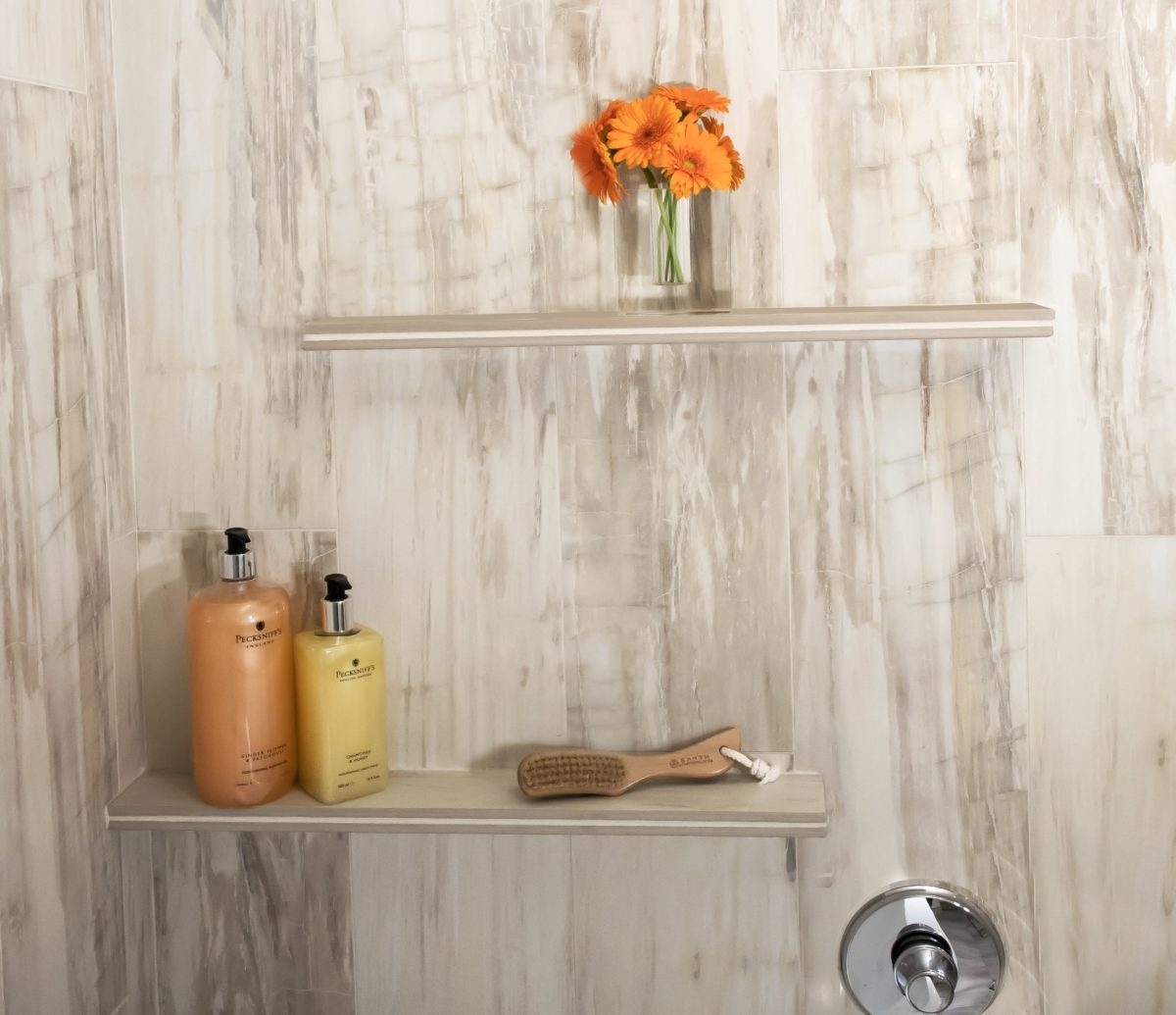 Shower Shelf Offset Ledges Vertical Wood Look Design