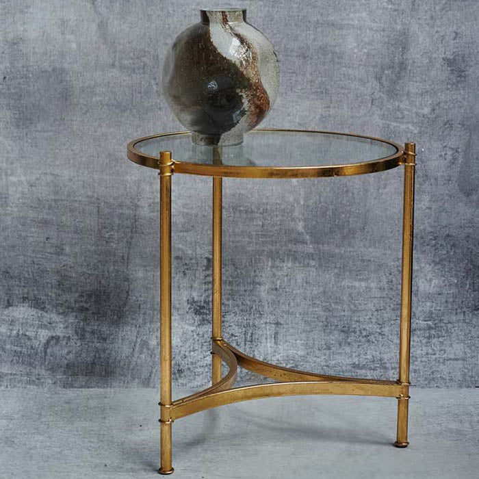 Side Table Curved Tri-Leg Stretcher and Gold Frame