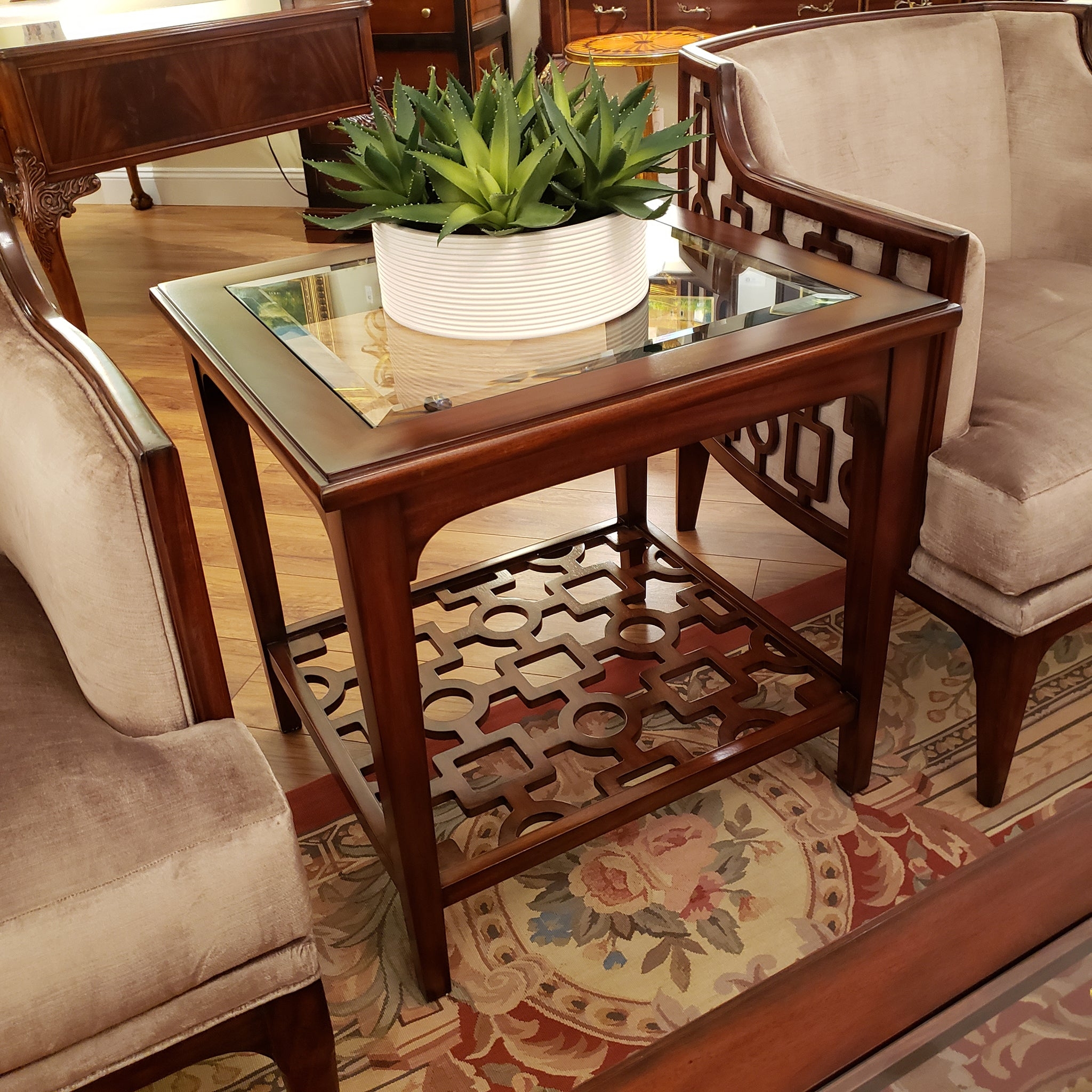 Side Table Geometric Fretwork Shelf and Glass Top