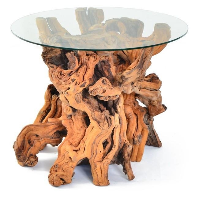 Side Table Gnarled Base Glass Top Sculptural Driftwood Table