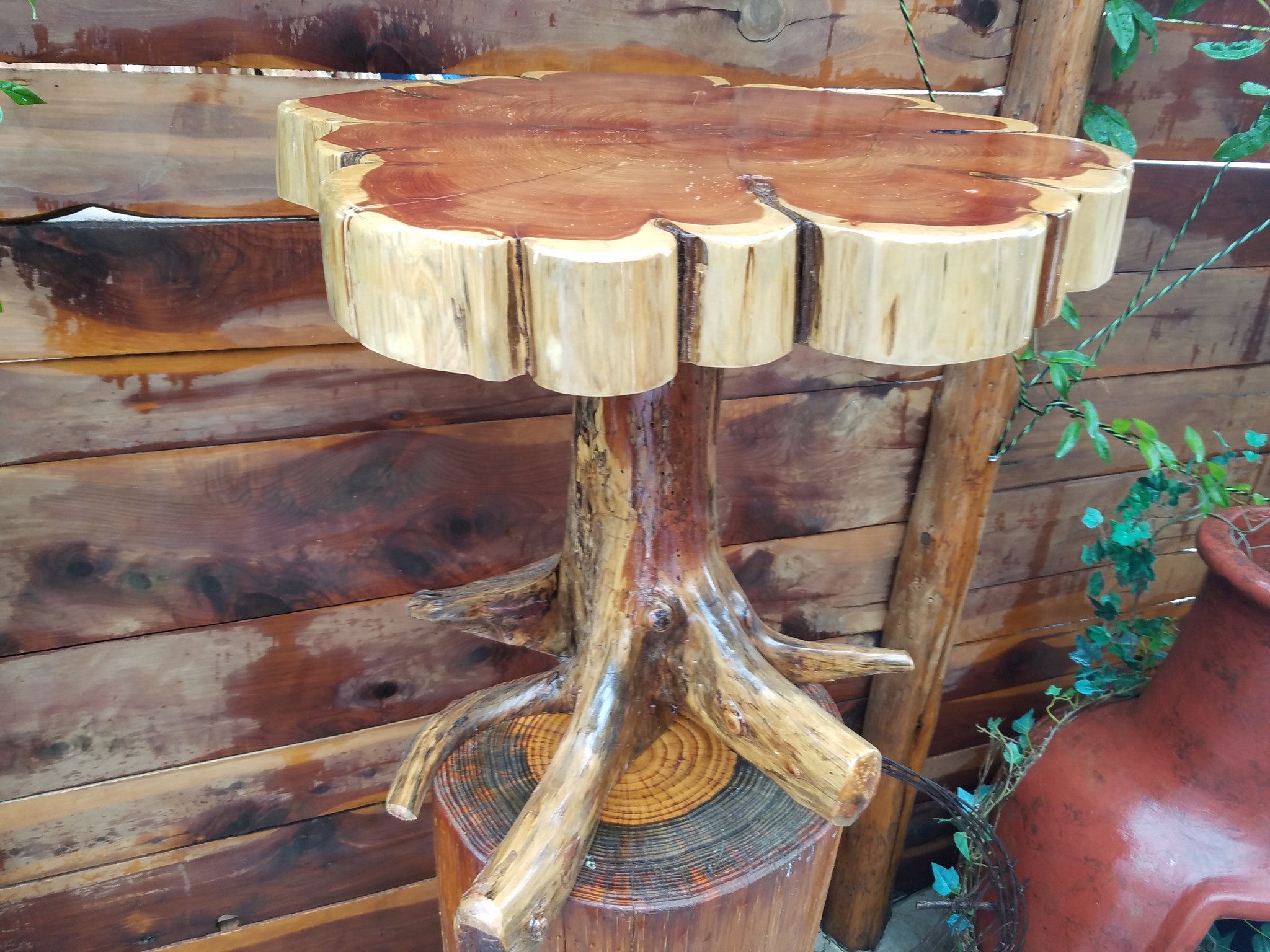 Side Table Handcrafted Wood Slab Table with Glossy Finish Base