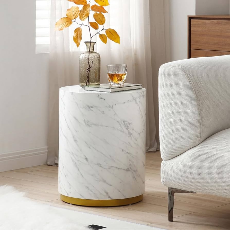 Side Table Marble Drum Shape Cylindrical Marble Nightstand