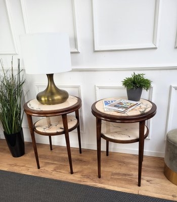 Side Table Two-Tier Italian Marble and Walnut Frame