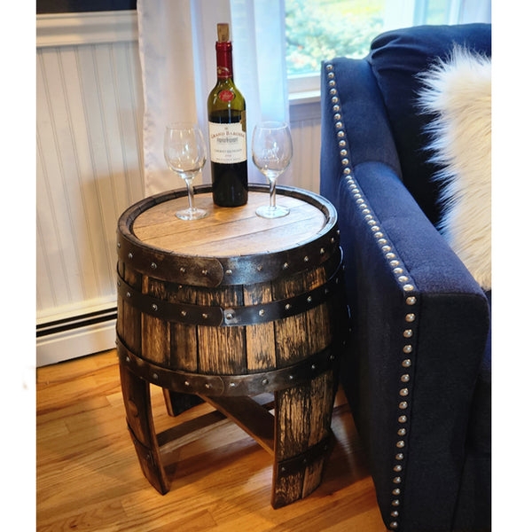 Side Table with Rivet Detailing and Whiskey Barrel Side Decor