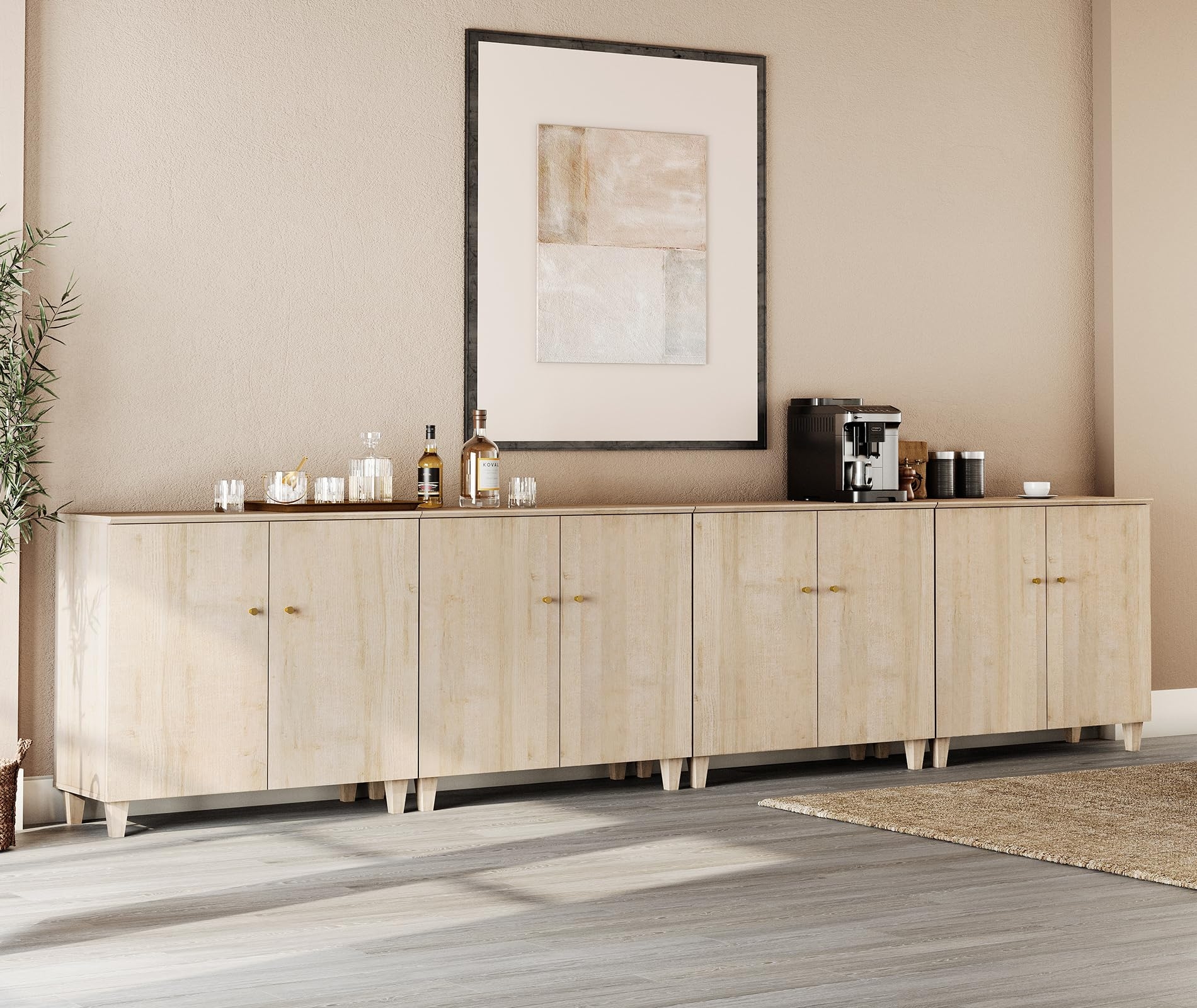Sideboard Buffet: 8 Door Kitchen Credenza in Light Oak