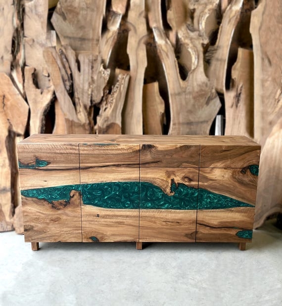 Sideboard: Emerald Green Epoxy Resin Live Edge River