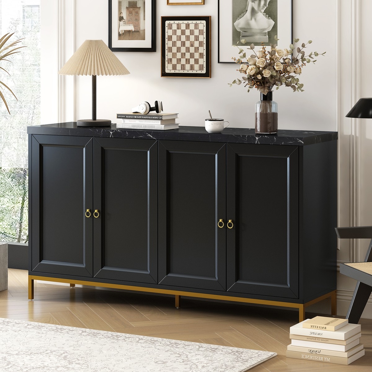 Sideboard: Matte Black and Gold with Marble Look Top