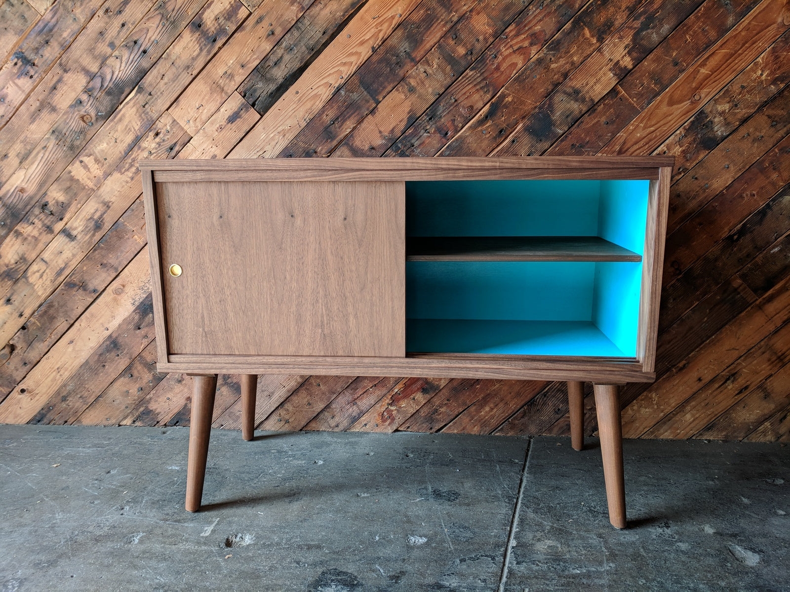 Sideboard: Teal Interior Walnut Sliding Door Side Cabinet