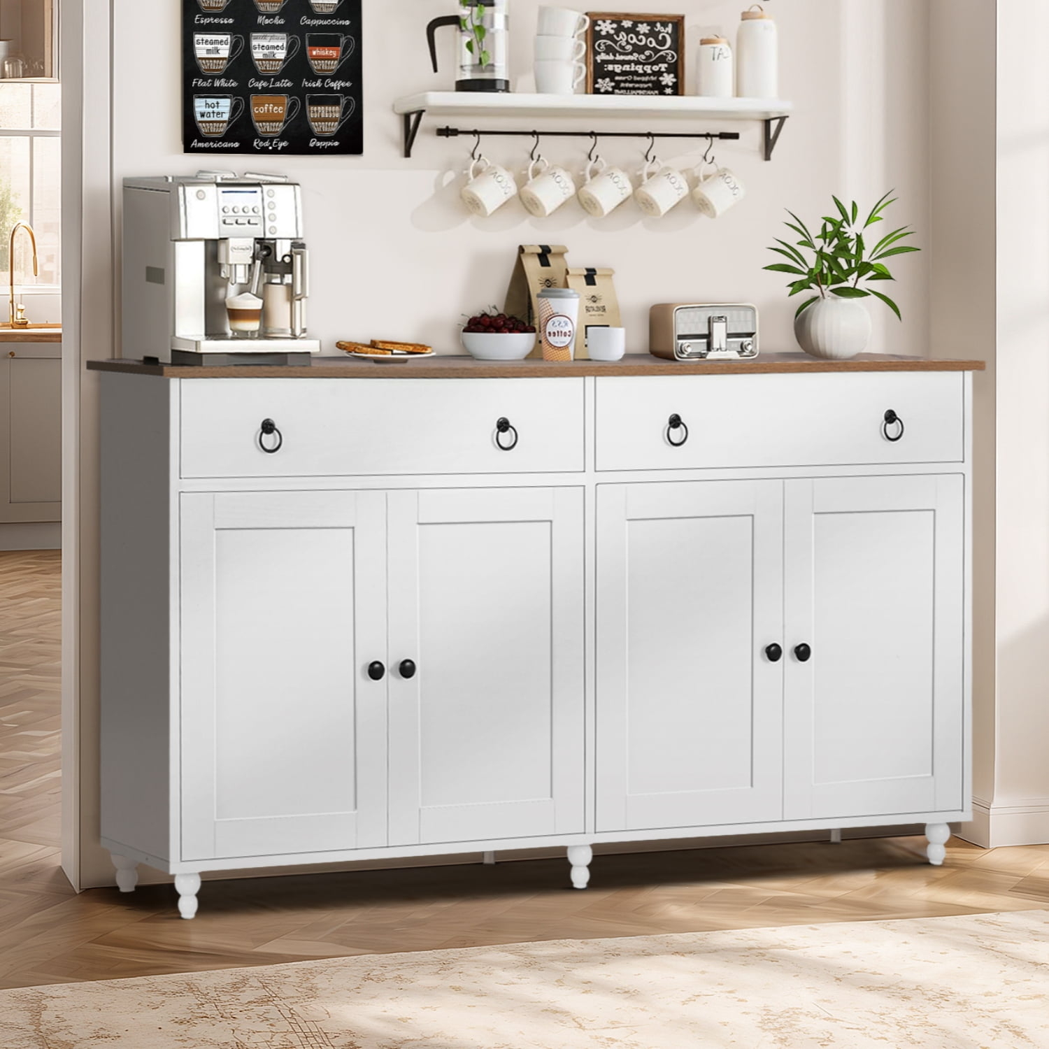 Sideboard: White Buffet with Bun Feet and Ring Pulls
