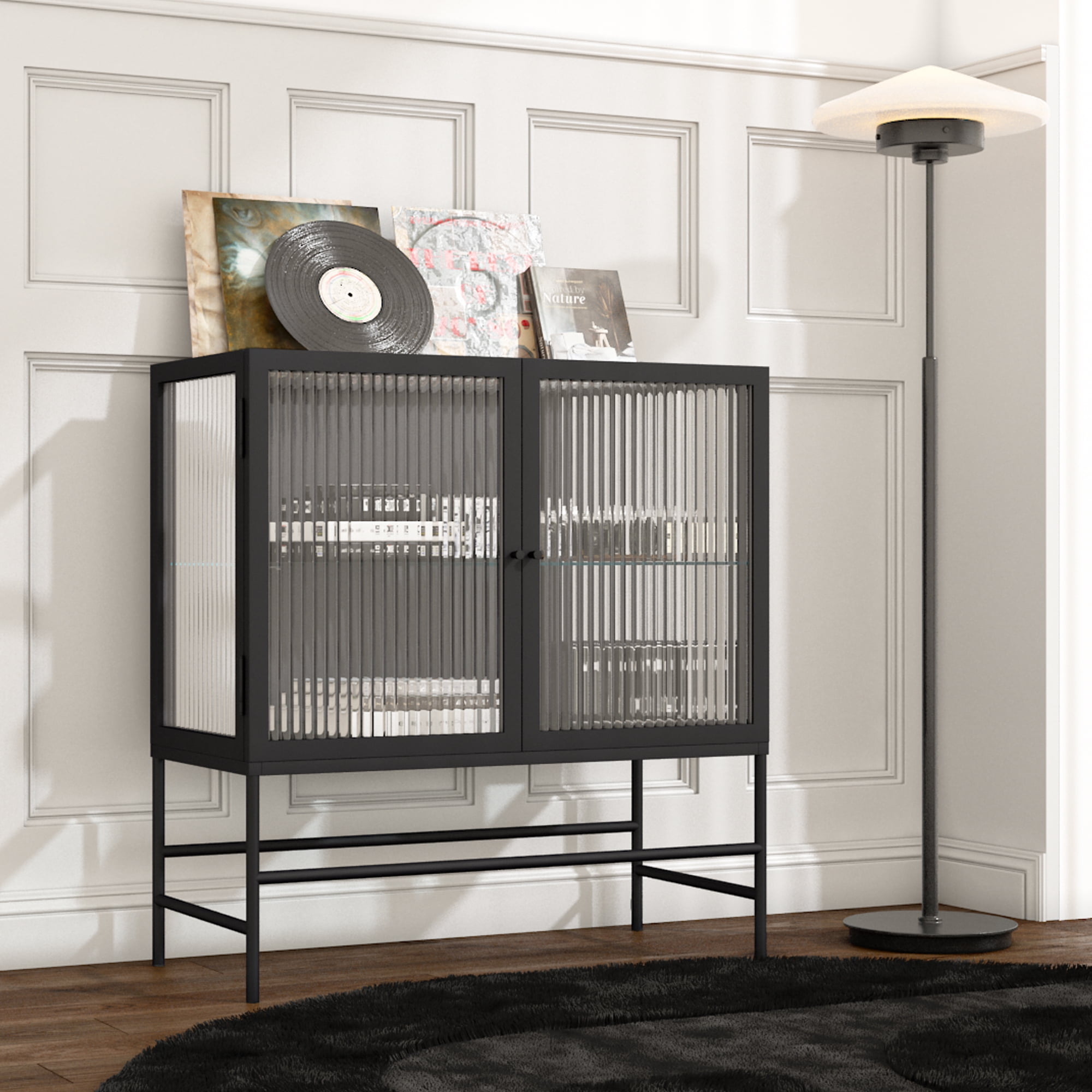 Sideboard with Dark Metal Slim Profile Storage Unit