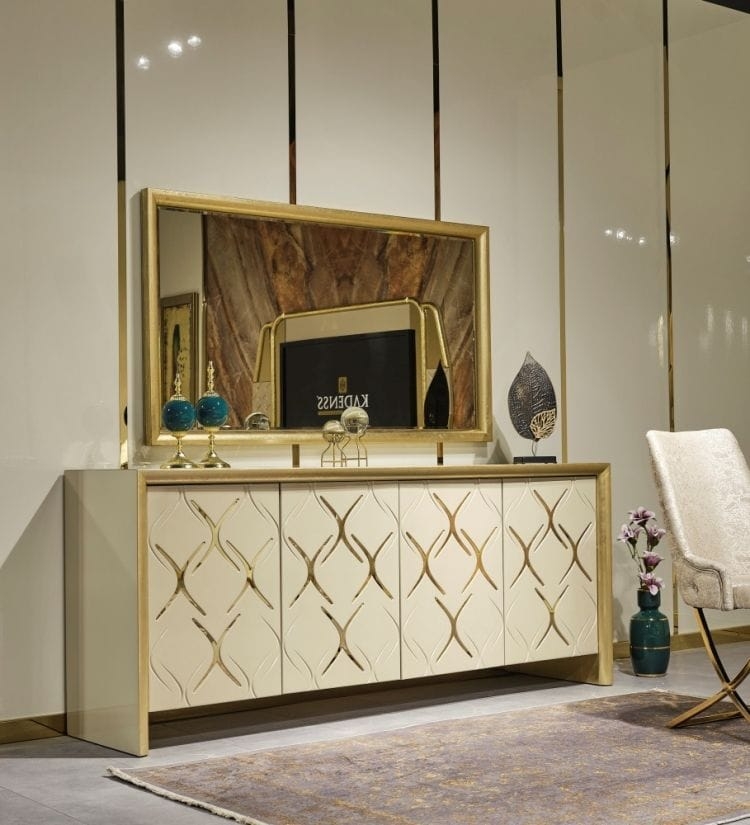 Sideboard with Gold Geometric Inlay and Matching Mirror