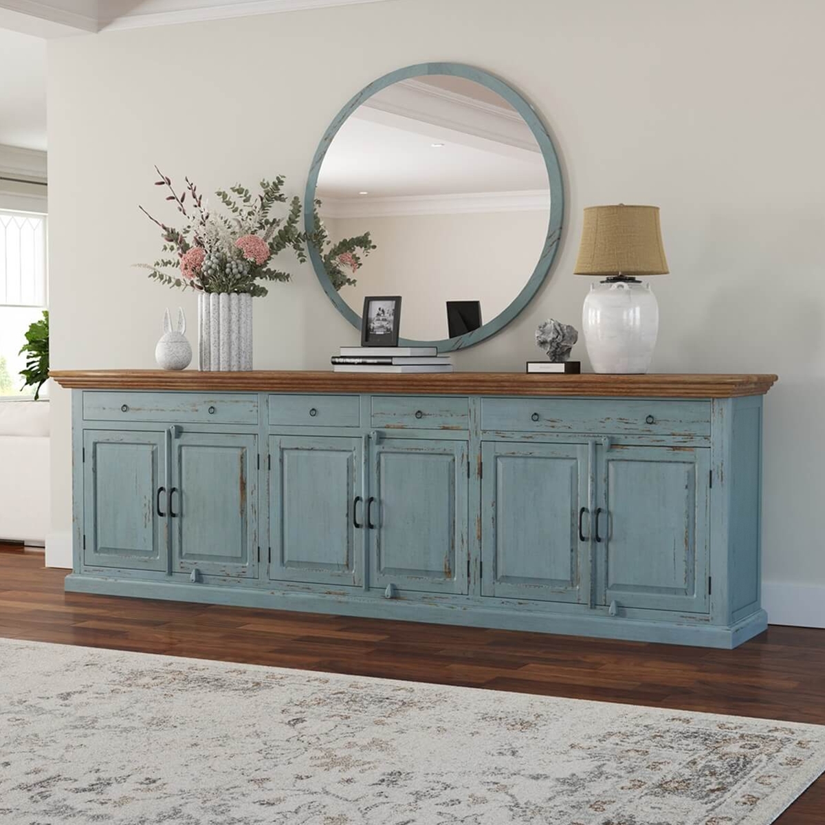 Sideboard with Matching Mirror in Distressed Blue Finish