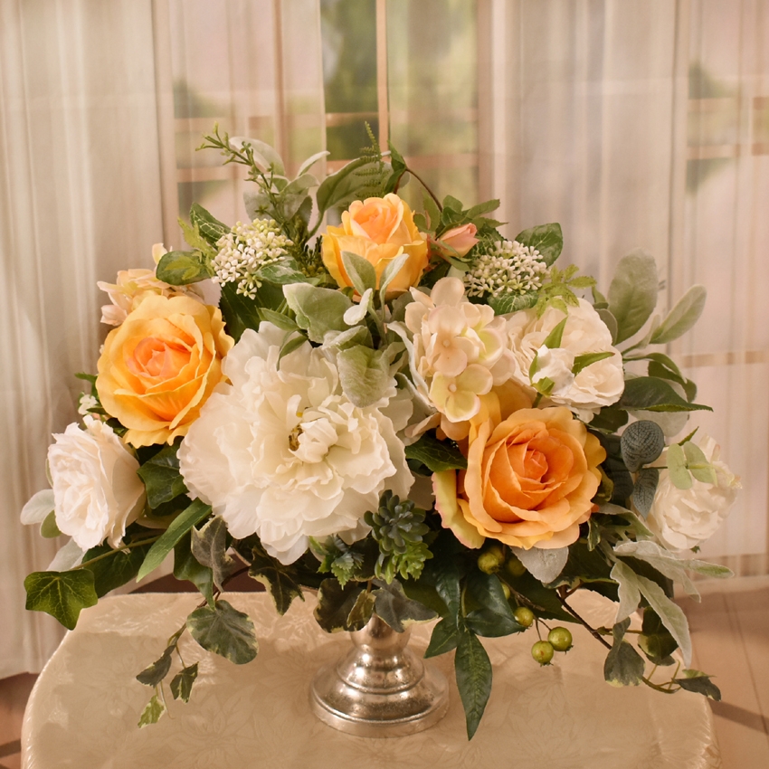 Silk Floral Arrangement Warm Yellow Rose Silver Base