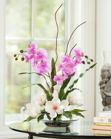 Silk Flower Arrangement Low Profile Glass Dish Magnolia Orchid Mix