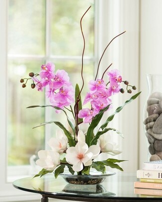 Silk Flower Arrangement Low Profile Glass Dish Magnolia Orchid Mix