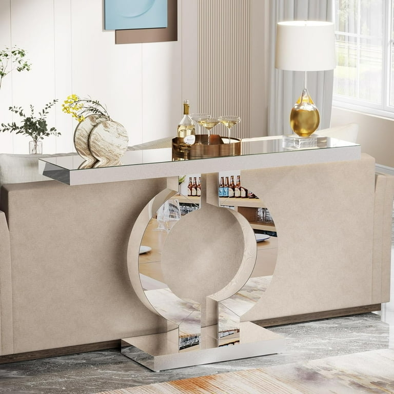 Silver Glass Console Table with Mirrored O-Shaped Base