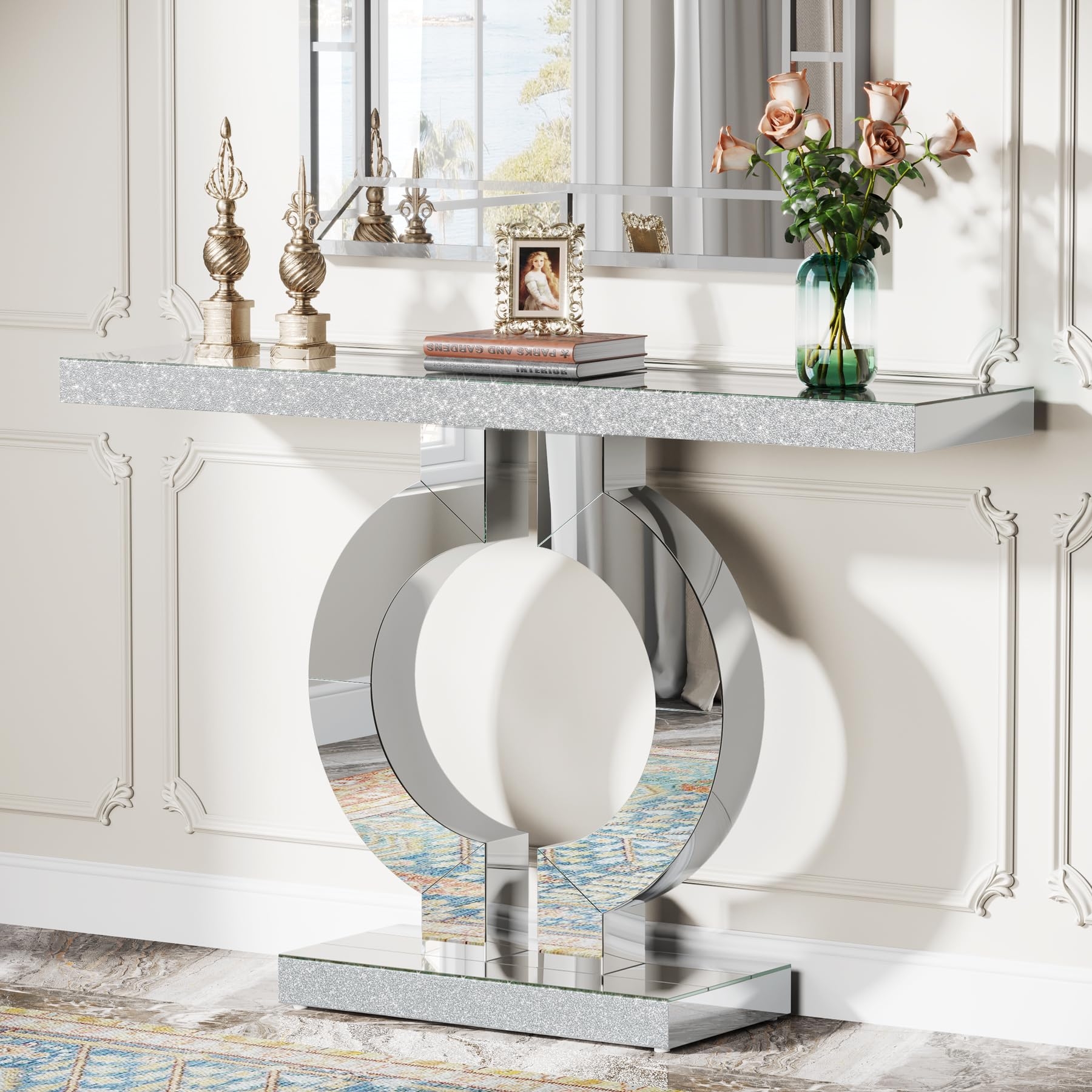 Silver Mirrored Console Table with Crushed Diamond Inlay