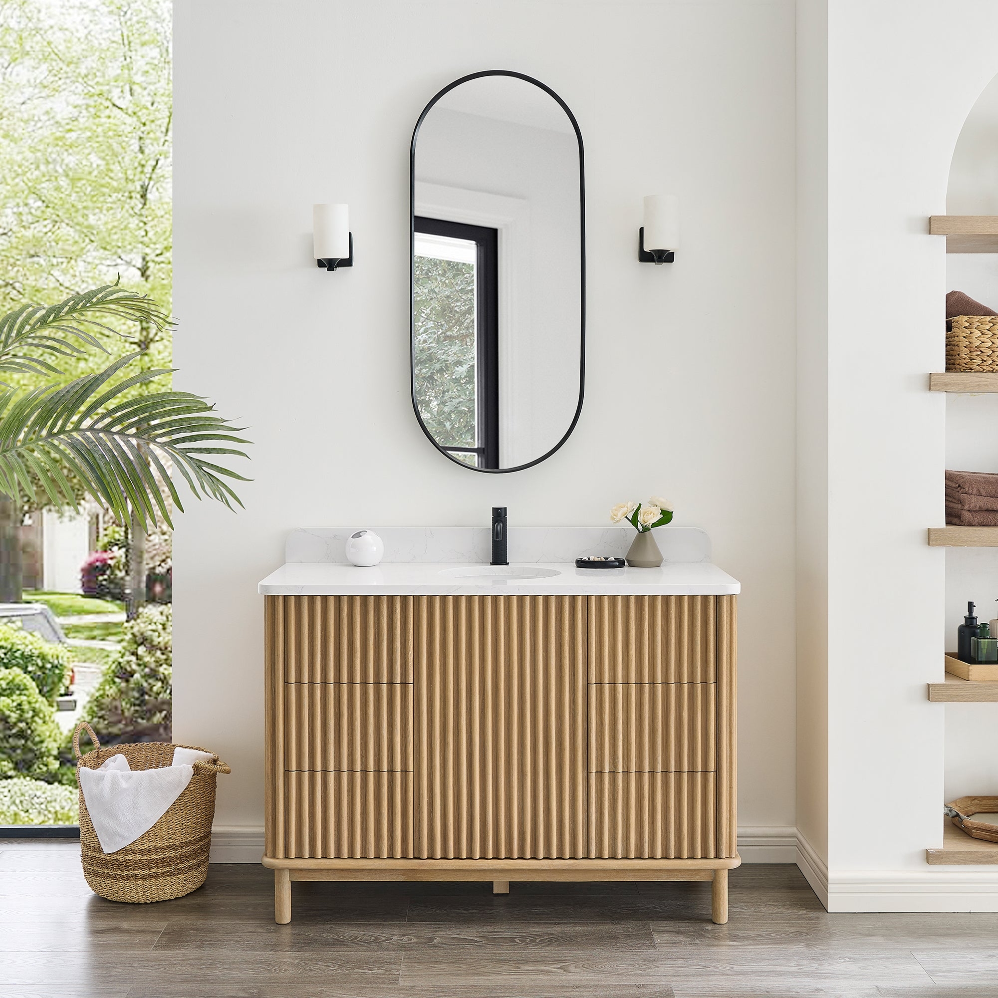 Single Vanity: Japandi Washed Ash Grey Vertical Fluting