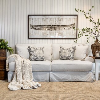 Skirted Sofa with Ticking Stripe Upholstery Cottage Chic