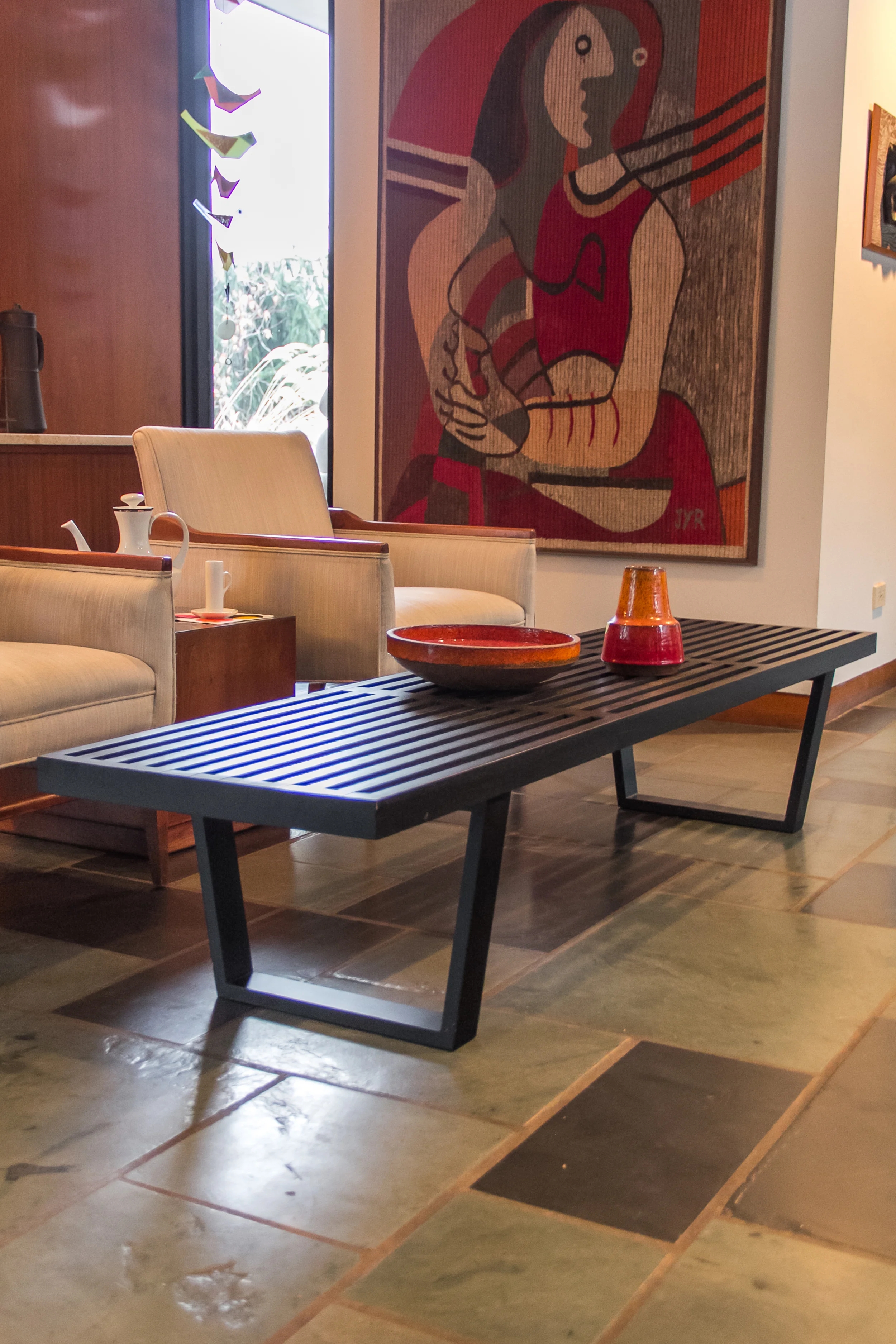 Slat Bench Black Finish Mid-Century Modern Slat Bench