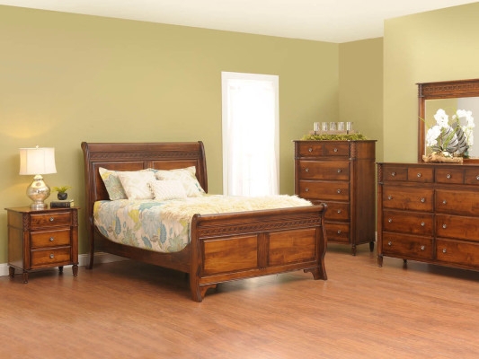 Sleigh Bed: Carved Panel Details in Traditional Walnut Wood