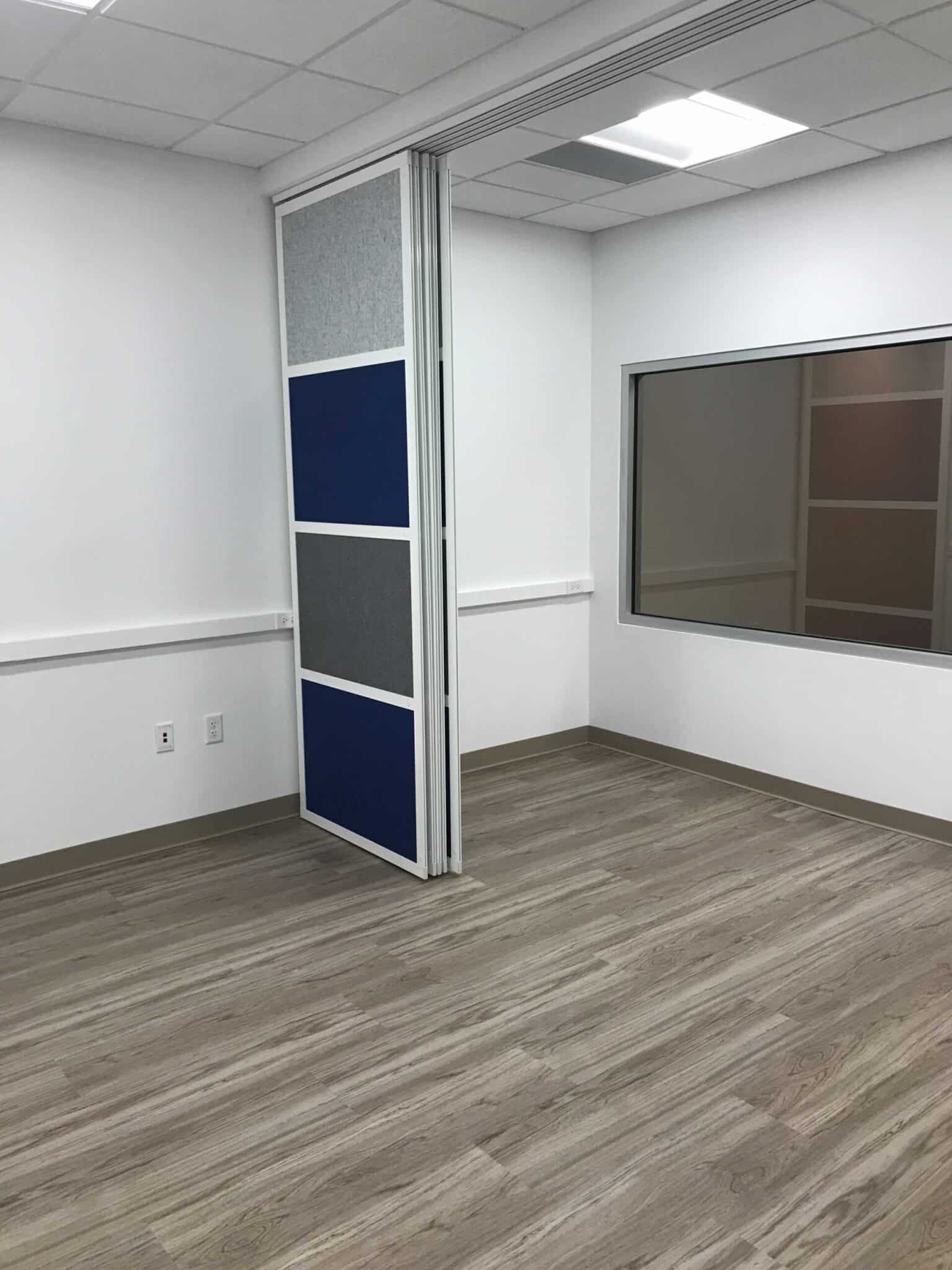 Sliding Room Divider: Navy Stackable Panels with Ceiling Track