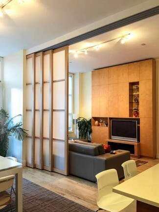 Sliding Room Divider: Warm Oak Shoji Panels with Ceiling Track